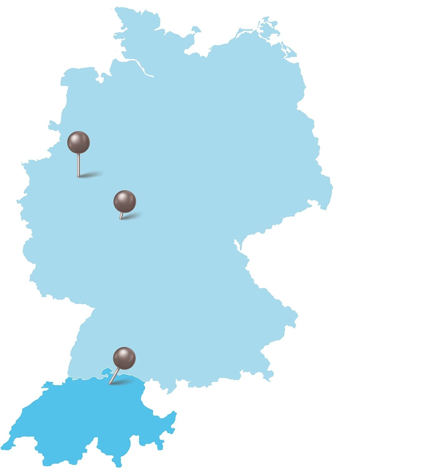 Karte von Deutschland in hellblau und der Schweiz in blauer Farbe. Zwei Stecknadeln markieren Orte in Deutschland und eine Stecknadel in der Schweiz, eine im Westen, in der Mitte und eine im Norden der Schweiz.