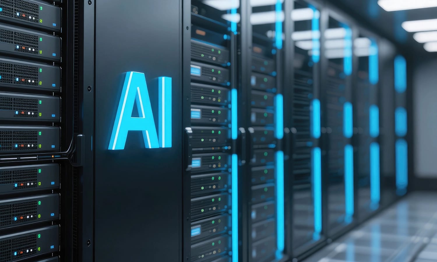 Serverraum mit leuchtender AI-Aufschrift